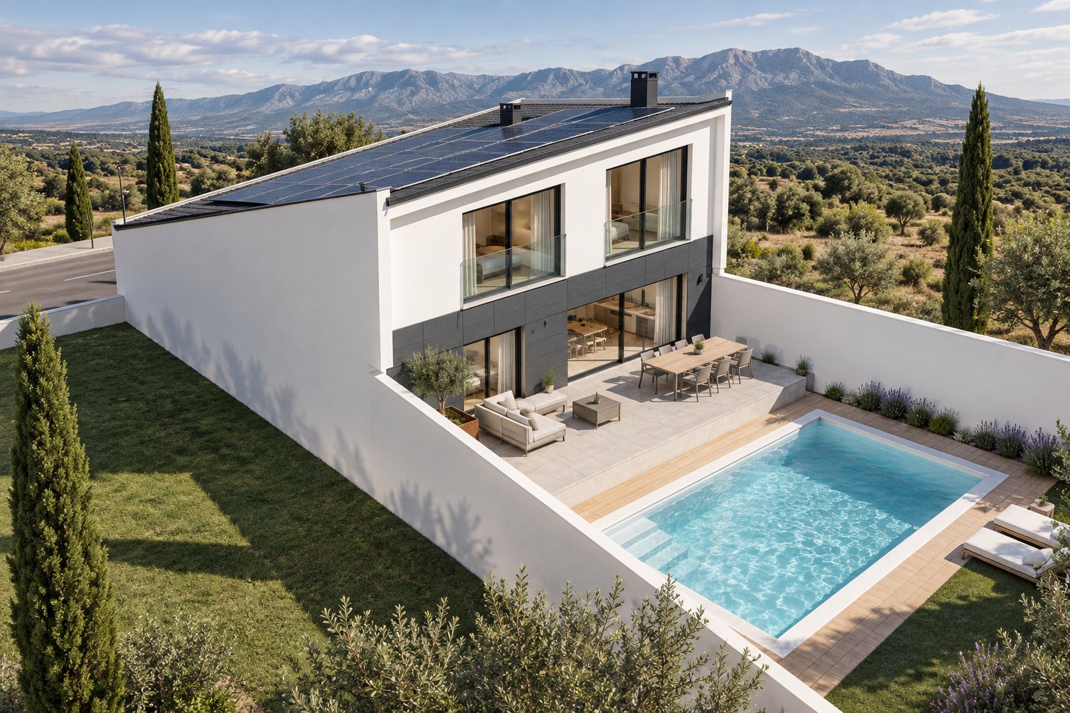 Vista oblicua de la casa: un solo faldón de teja negra con placas fotovoltaicas