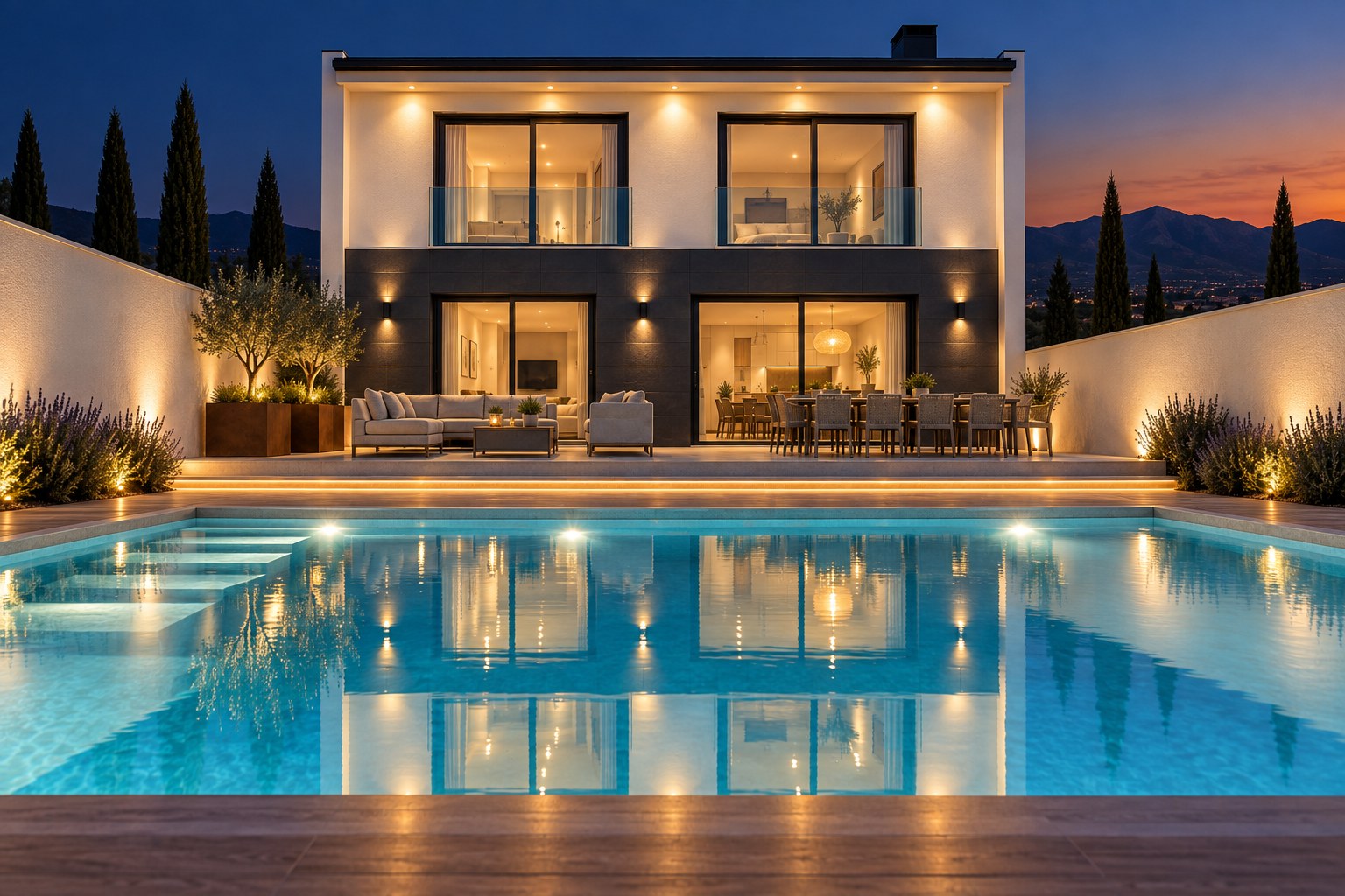 Chalet con piscina en Zamarramala (Segovia): fachada de jardín iluminada al anochecer, reflejada en la piscina
