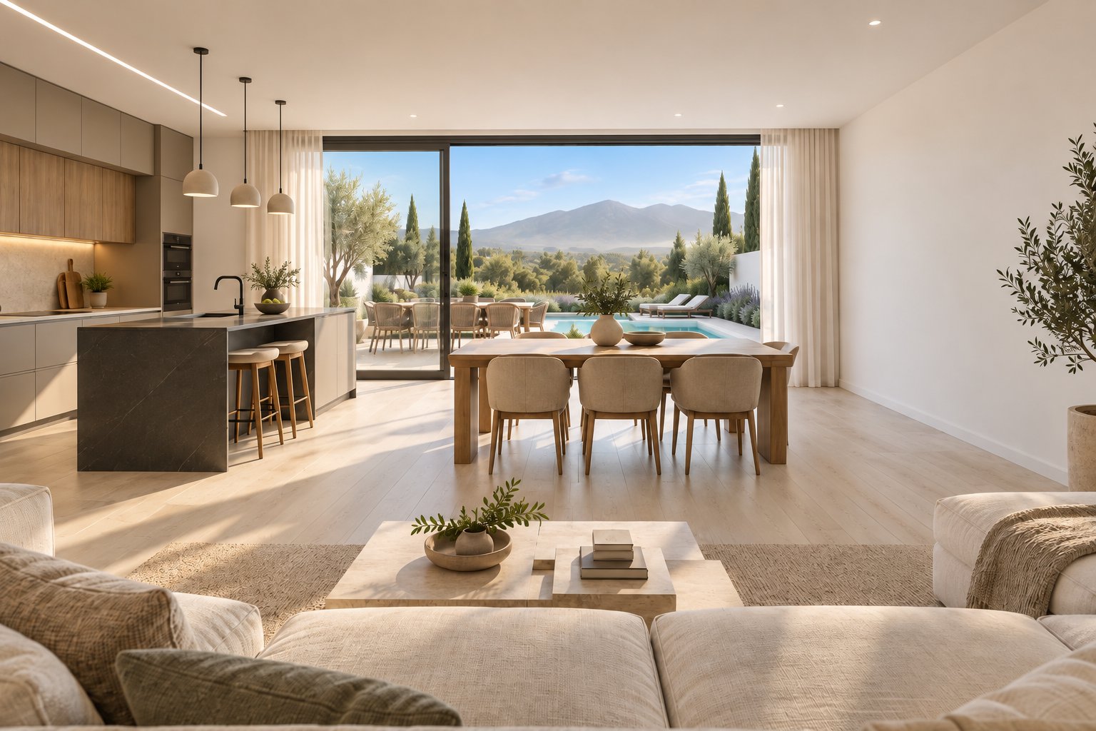Salón-comedor-cocina mirando hacia el ventanal de 4 m y la piscina