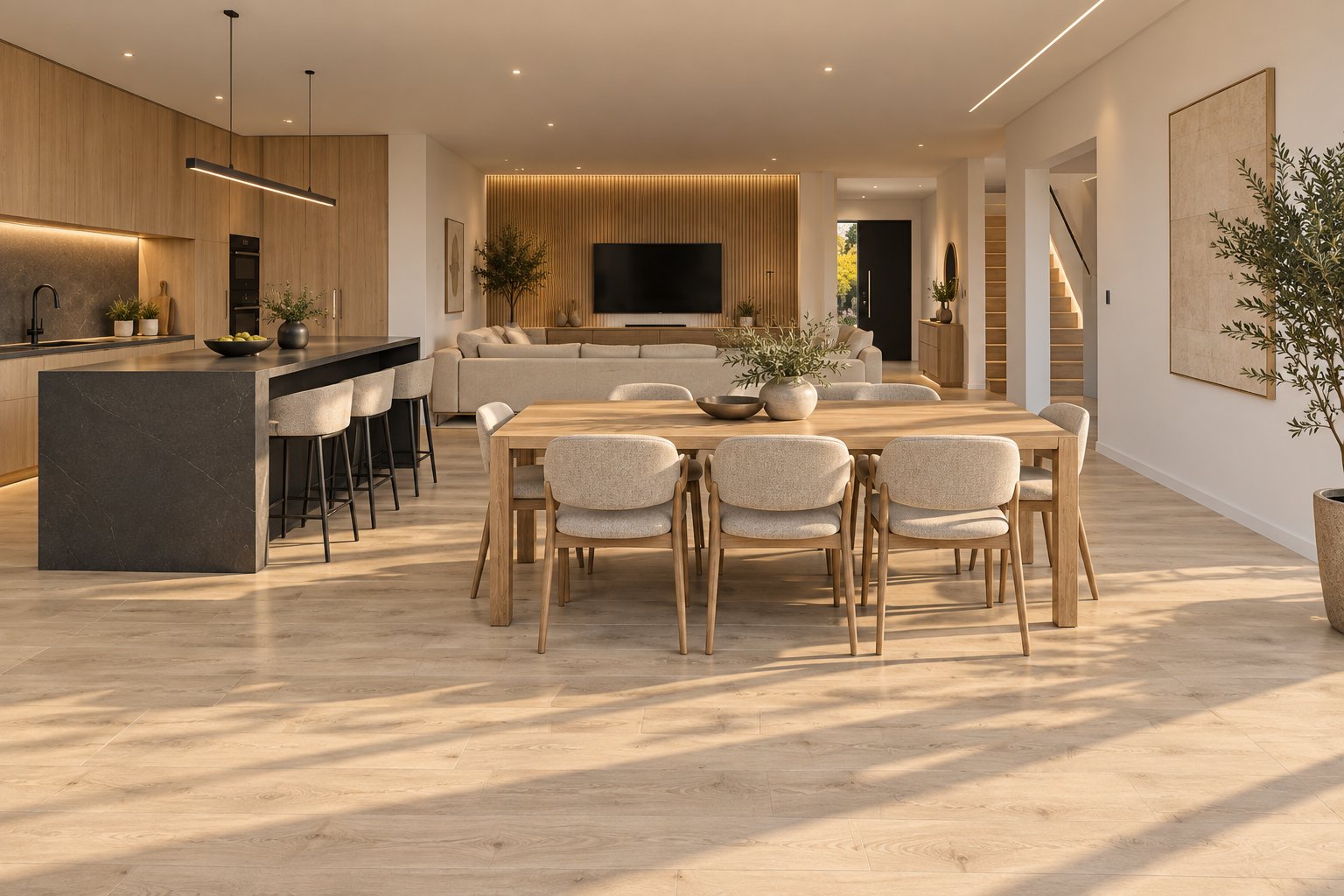 Salón-comedor-cocina visto desde dentro de la cristalera hacia el sofá, la TV y la escalera