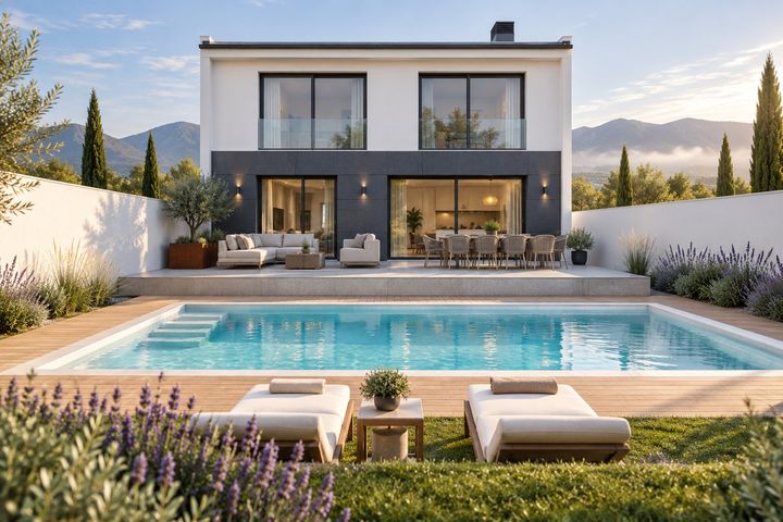 La casa vista desde el césped, a través de la piscina