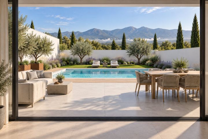El jardín y la piscina vistos desde la cristalera del salón
