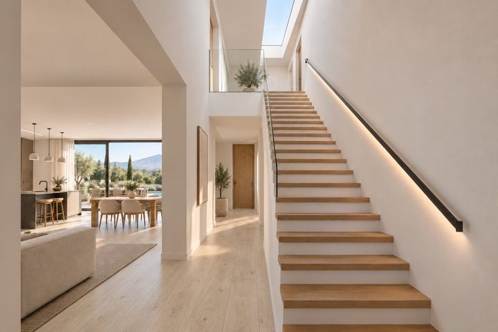 Hall con la escalera de doble altura y lucernario